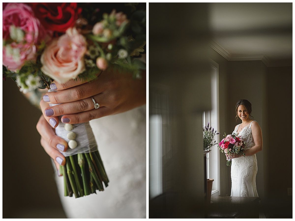 Bride holding pink bouquet, close-up of hands with ring. Second image: Bride looking out window, holding flowers, in a white dress.