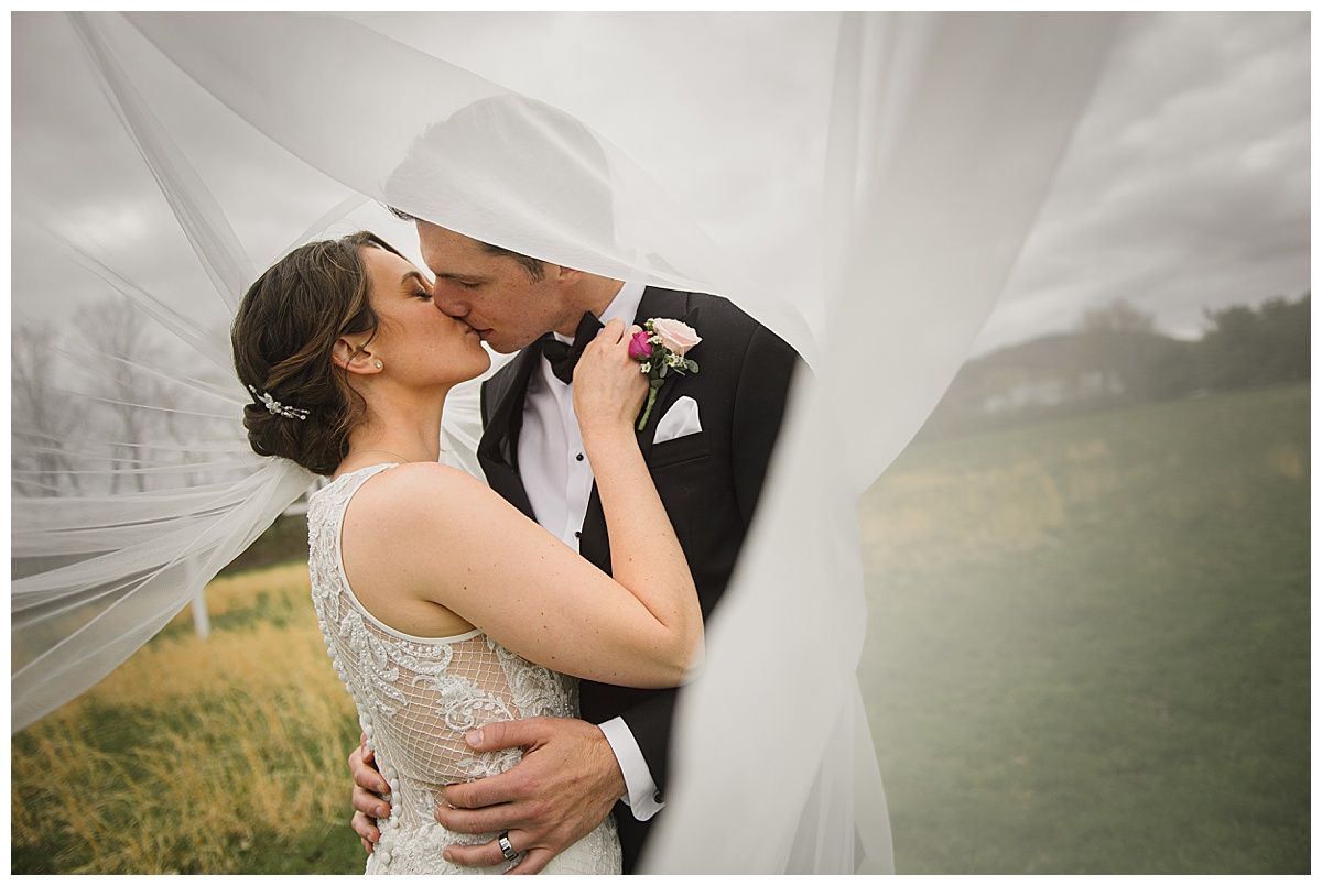 Bride and groom kissing under a veil outdoors. Cloudy sky, grassy field.