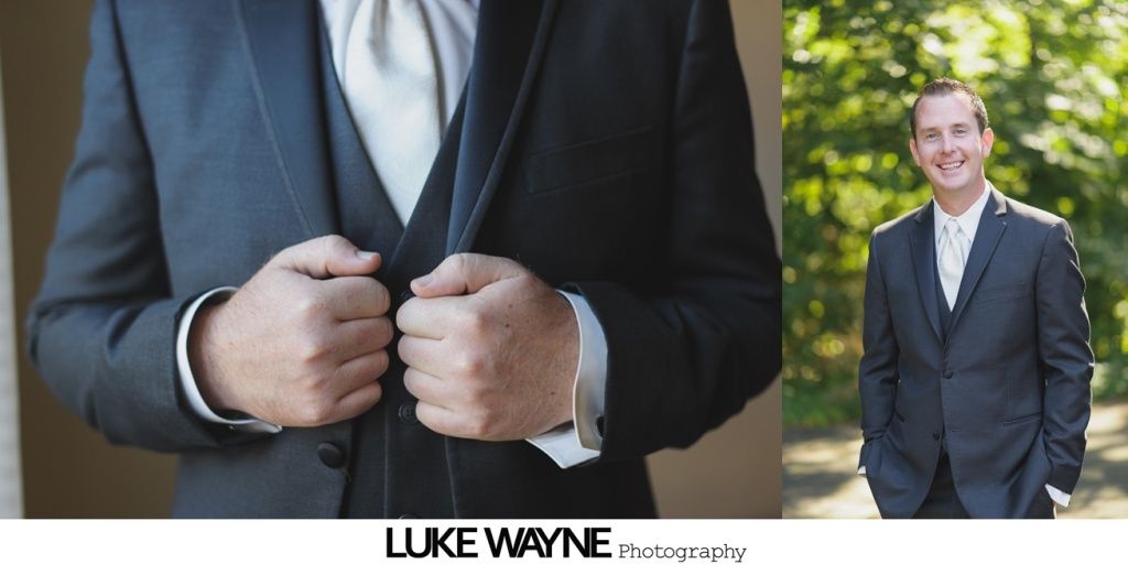 Man buttoning a dark suit jacket, another photo of him smiling in a similar suit. Green background.