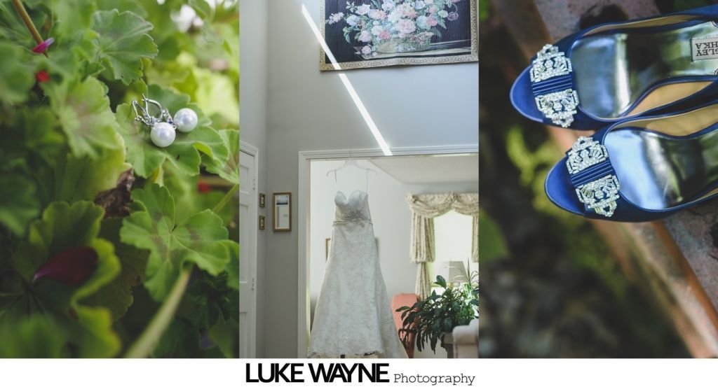 Wedding details: pearl earrings on green leaves, wedding dress in doorway, blue shoes with embellishments.