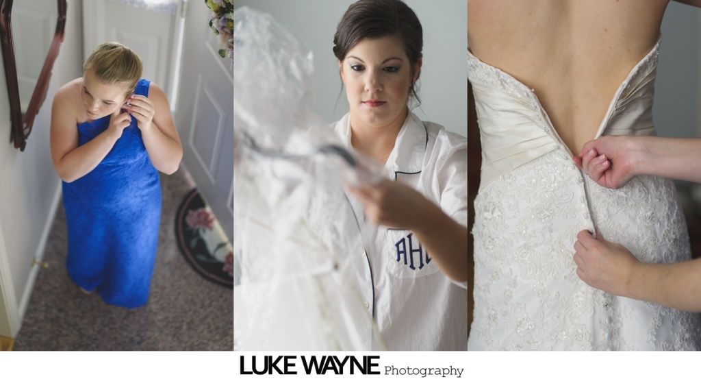 Bride in blue, then with dress, then getting zipped up on wedding day.