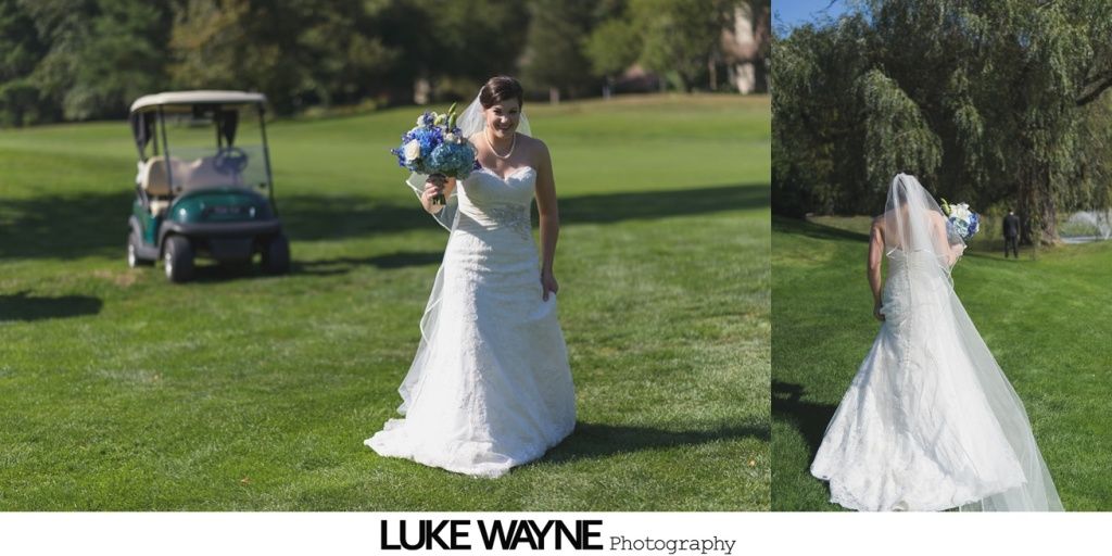 Bride holding bouquet on a golf course. Golf cart in background.