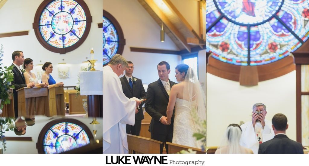 Wedding ceremony in a church with stained glass. Couple, officiant, attendees.