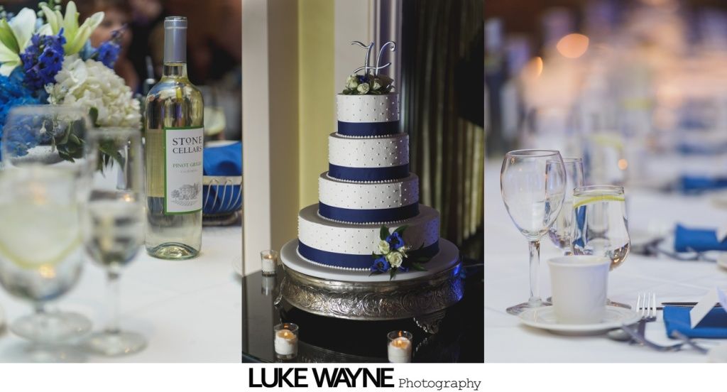 Wedding reception details: cake, flowers, wine, and table settings in blue and white.