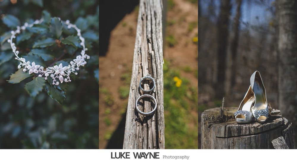 Wedding details: floral necklace, rings on wood, silver heels on stump.
