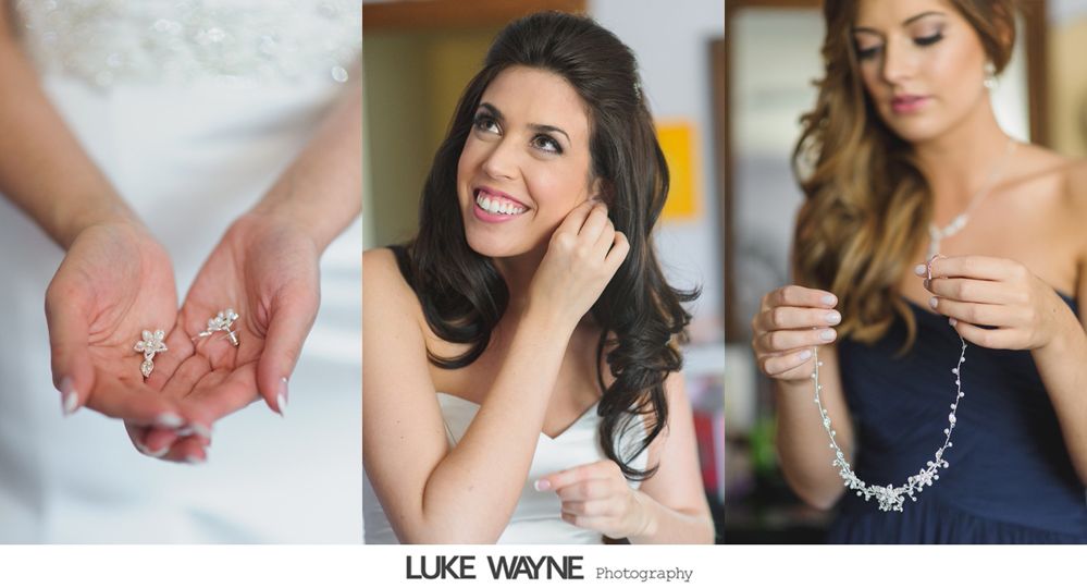 Bride holding earrings; woman putting on earrings; woman putting on necklace. Wedding preparation.