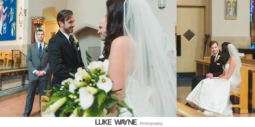 Wedding ceremony in a church. Bride and groom exchanging vows, smiling. A bridesmaid and others are present.