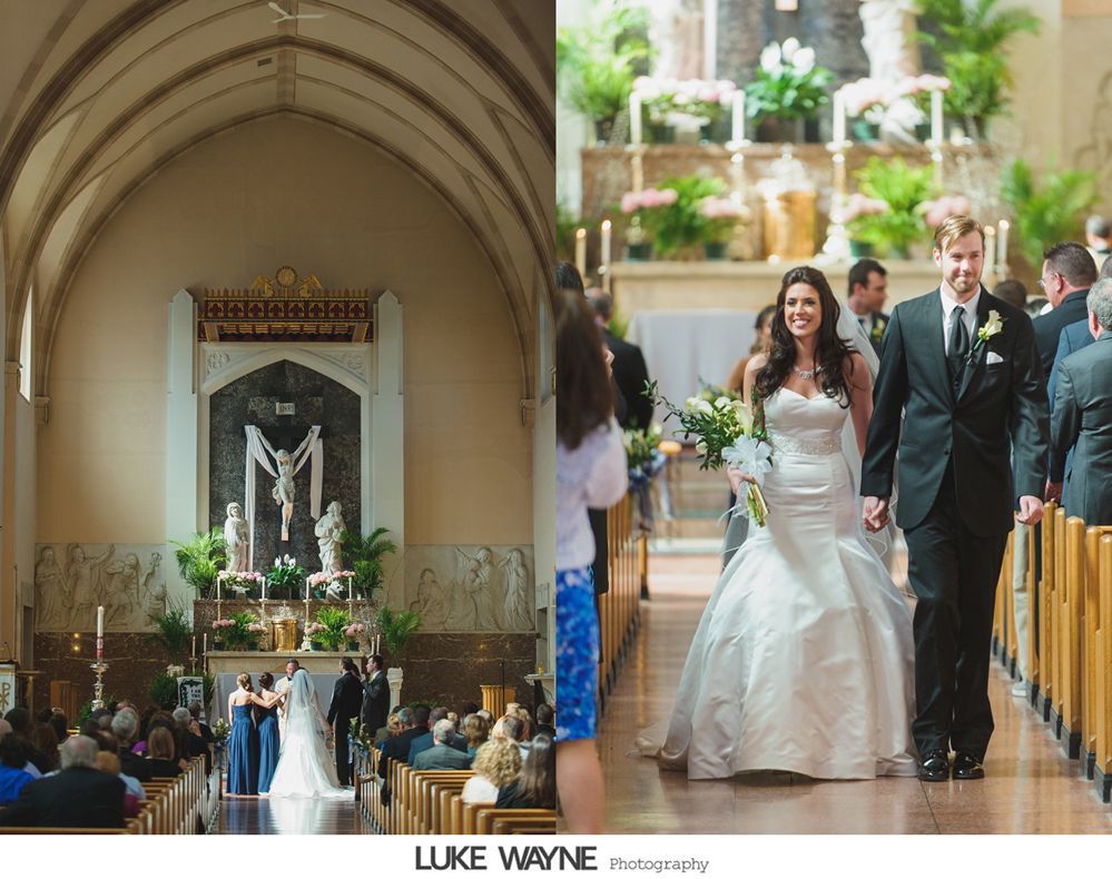 Wedding ceremony inside a church; bride and groom walk down the aisle.