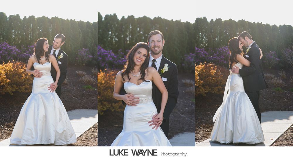 Bride and groom embrace in a series of wedding photos outdoors; the woman wears a white gown, and the man a black suit.