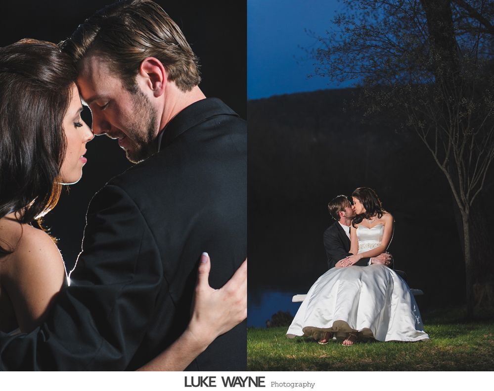 Wedding portraits: couple embraces in dark studio and outdoors at dusk.