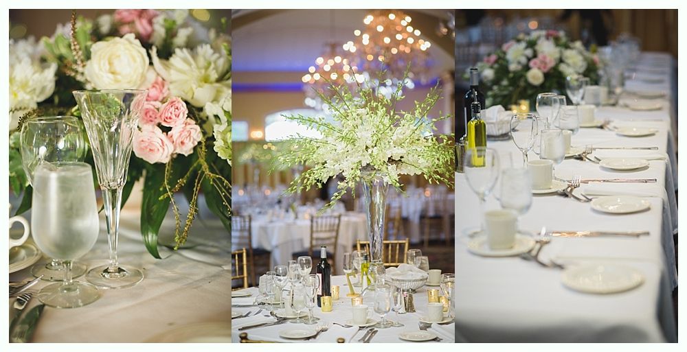 Bride with arms up, making a funny face, groom looking at his hand, cake cutting in background.