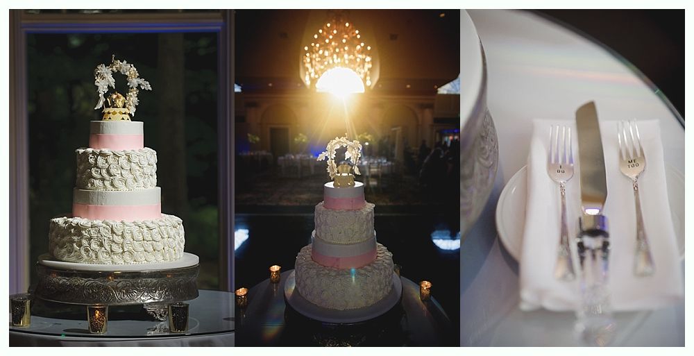 Bride with arms up, making a funny face, groom looking at his hand, cake cutting in background.