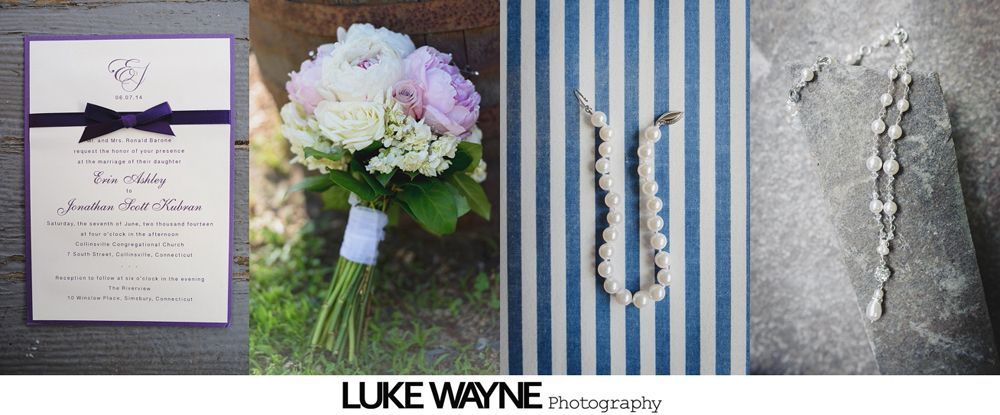 Three floral arrangements: one in a mason jar, one bouquet, one boutonniere; various light pink and white flowers.