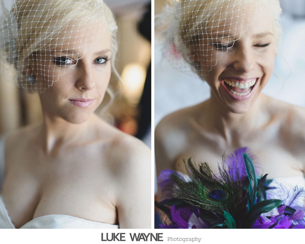 Blonde woman wearing veil, in wedding dress, looking at the camera with two different facial expressions: neutral and smiling.
