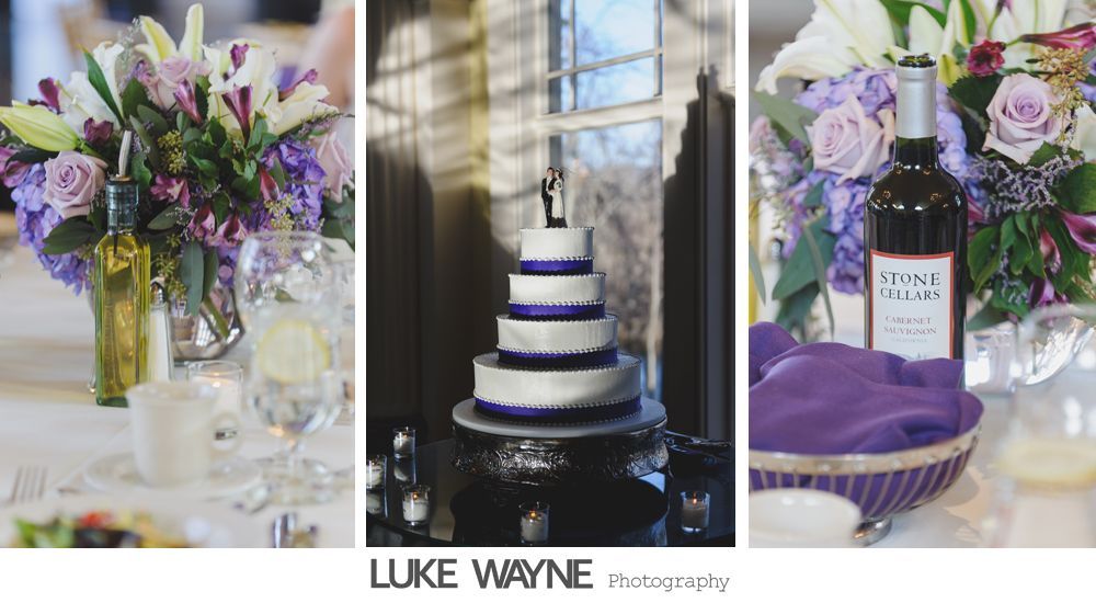 Wedding reception details: cake, flowers, wine, purple and white decor.