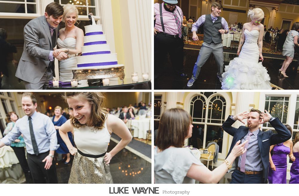 Wedding photos: couple cuts cake; guests dance at reception with elegant decor and lighting.