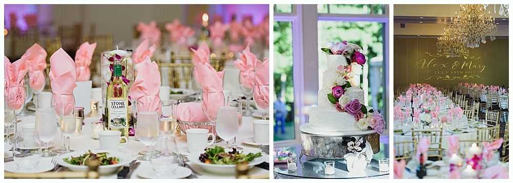 Wedding reception with pink accents: tables, cake, and floral arrangements.