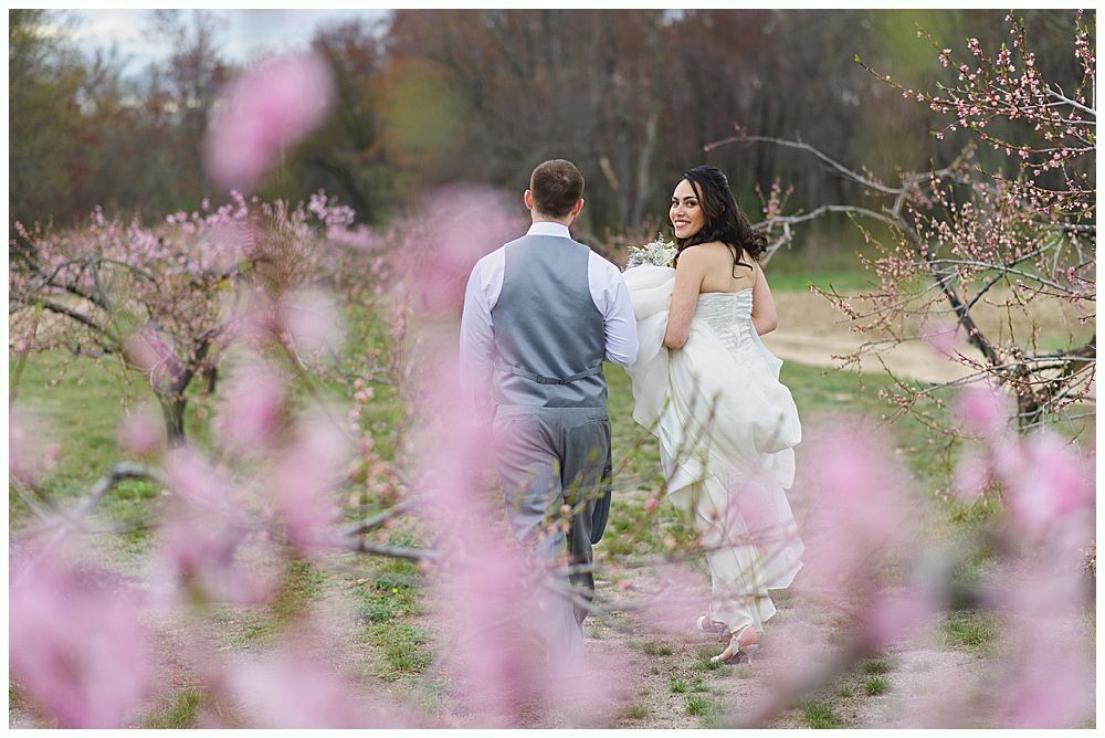 Couple walking through a field of pink flowering trees. Woman in white dress looks back smiling.