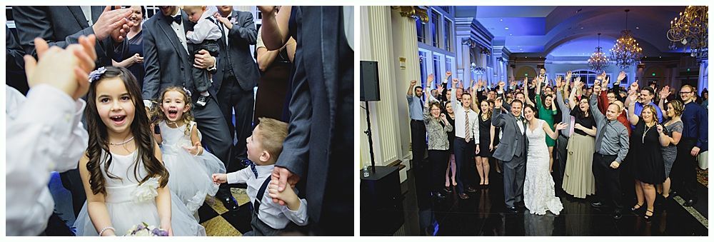 Wedding party with children dancing and celebrating, and a group photo on a dance floor.