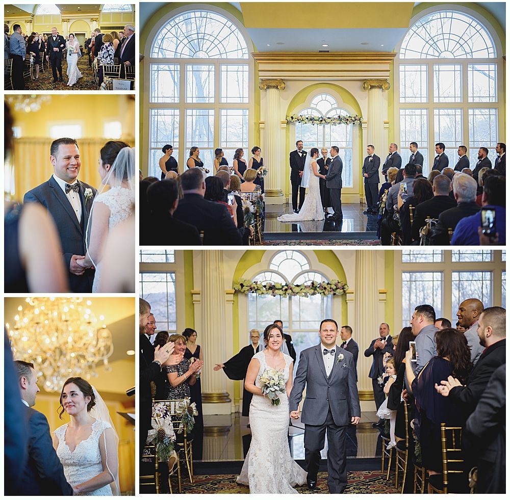 Collage of a wedding ceremony: couple exchanging vows in a sunlit room, guests observing, joyous exit.