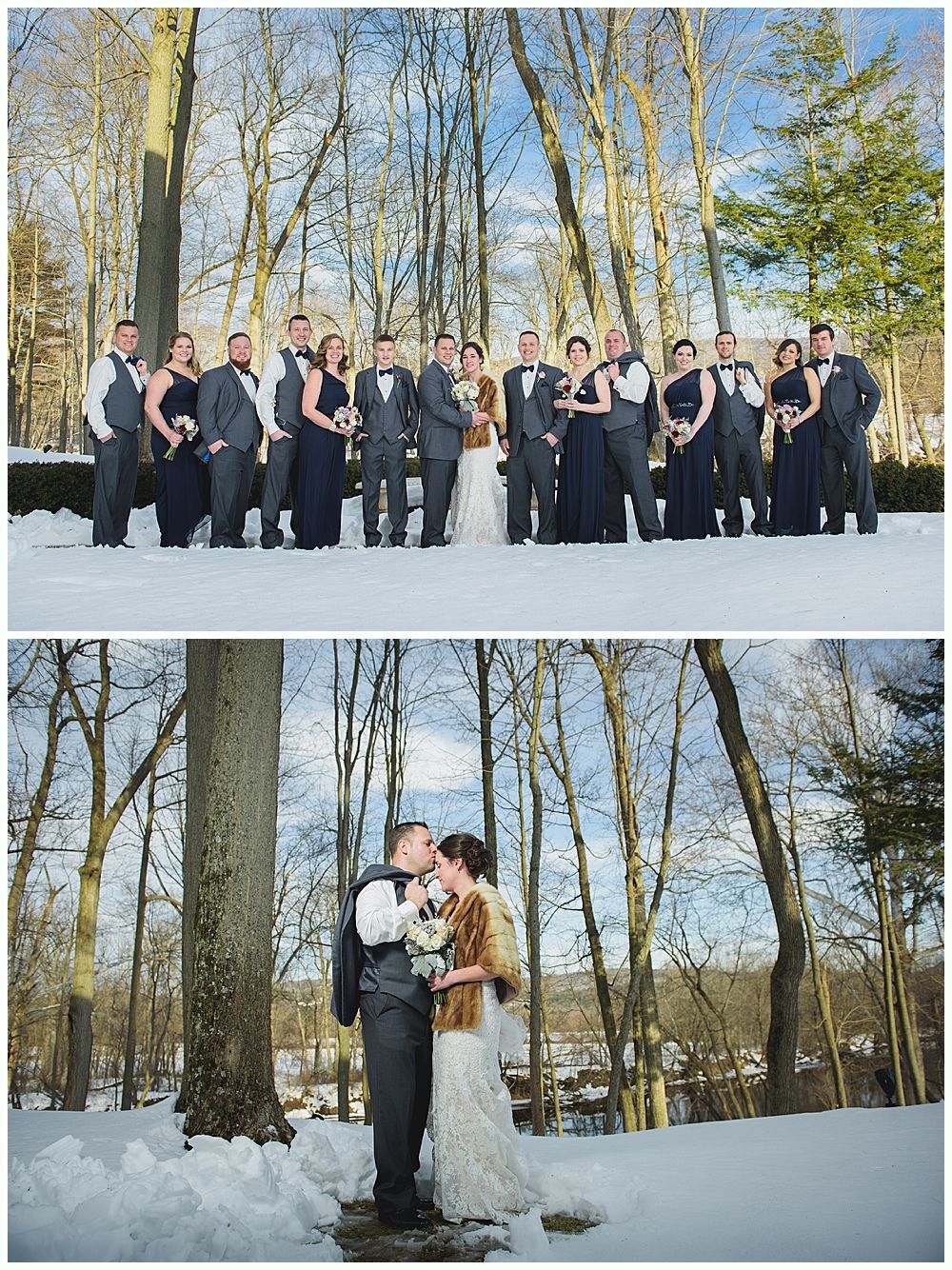 Wedding party poses in snow; couple kisses. Trees frame the outdoor shots; winter setting.