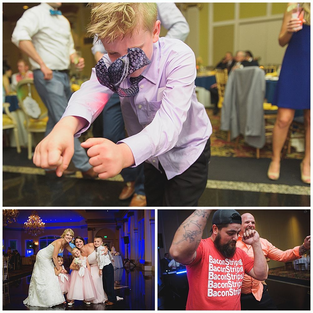 Composite of wedding reception photos. Child dancing with bowtie on face, bride with bridesmaids, men dancing with arms raised.