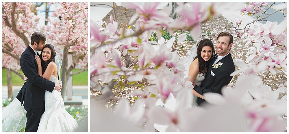 Wedding couple embraces in front of a blooming tree, followed by another shot amidst flowers, both smiling.