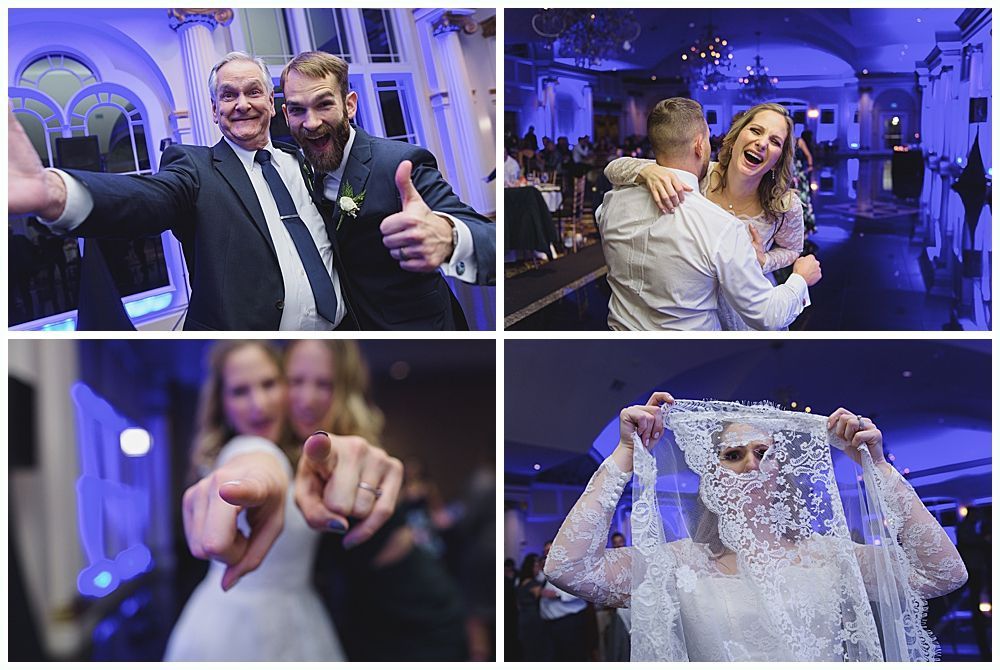 Four photos of a wedding. People are celebrating, dancing, and posing indoors, lit with blue light.