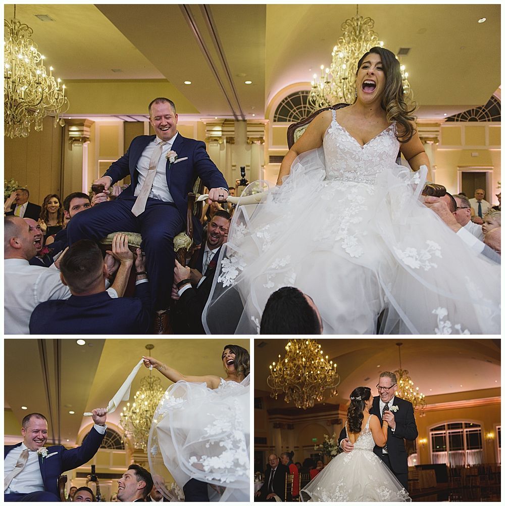 Wedding reception: Bride and groom dancing, lifted on chairs, and celebrating in a ballroom with chandeliers.