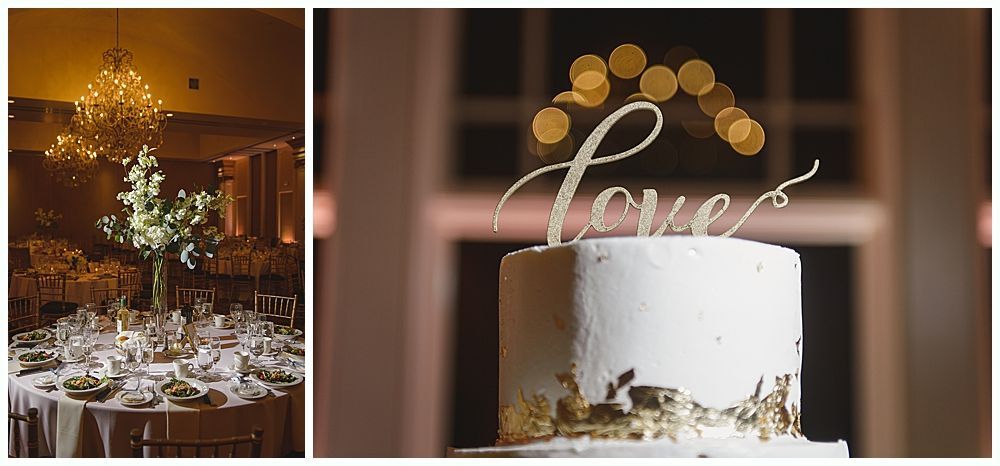 Wedding reception: tables set for dinner, cake with