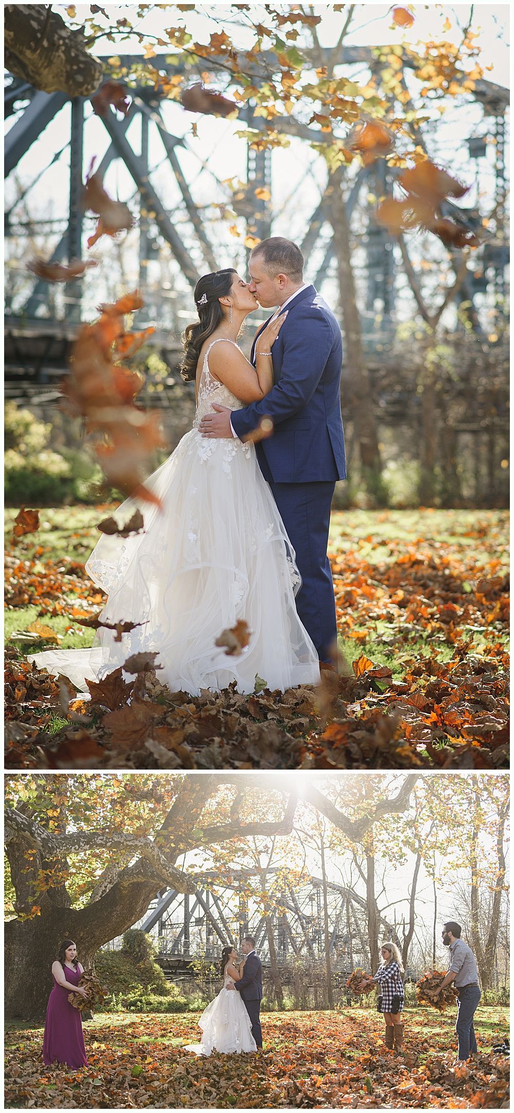Couple kissing in a fall wedding photoshoot, under a bridge with falling leaves.