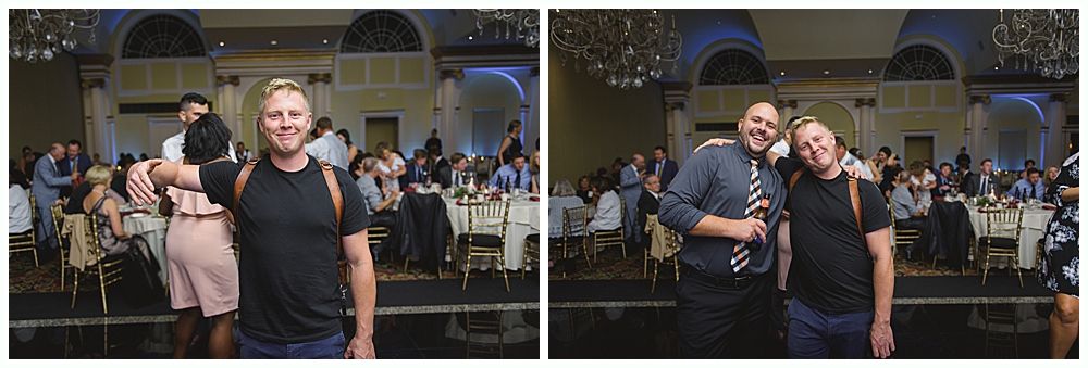 Two photos: Man with arm around another man at an event; people at tables in background.
