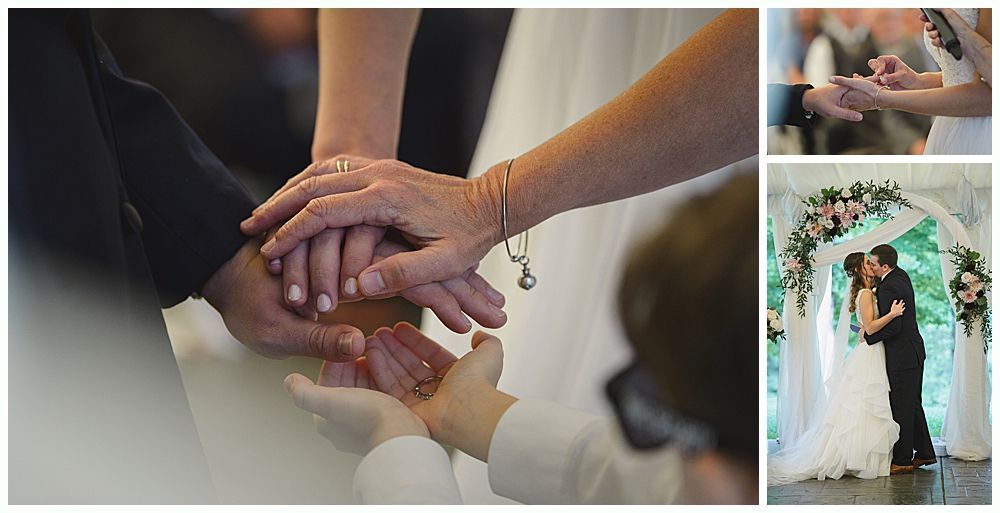 Wedding hands stacked, ceremony, exchange of rings, couple kissing under floral arch.