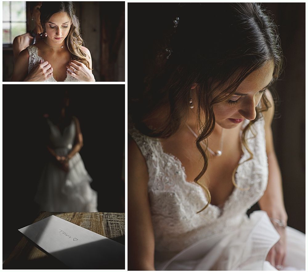 Collage of bride in a white wedding dress in a dimly lit room, with sunlight, looking down.