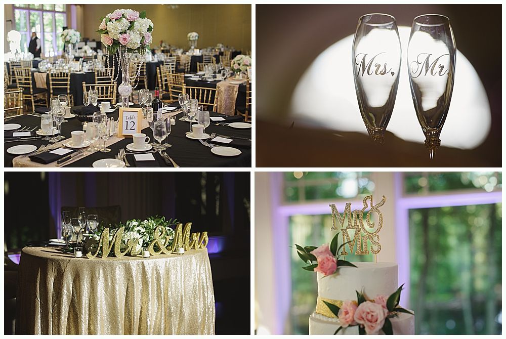 Wedding reception decor: tables, champagne flutes, cake, and gold sequin linens.