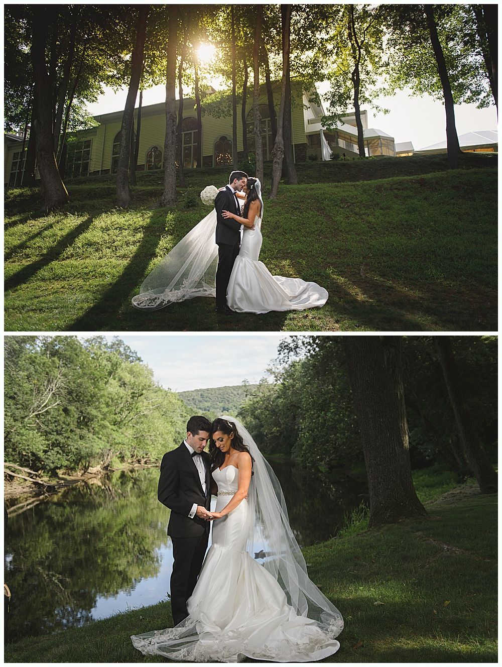 Top: Couple embracing in a sunny outdoor setting; white dress, black suit. Bottom: Couple holding hands by a river; trees surround.