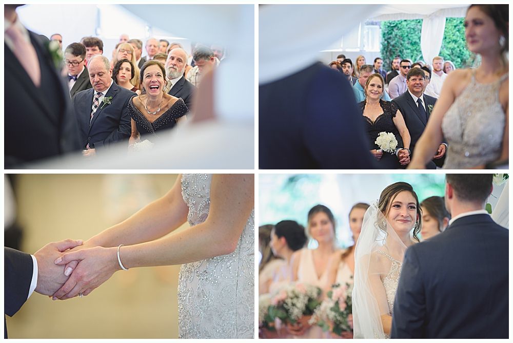 Scenes from a wedding ceremony: guests, bride holding hands with groom, looking at each other, and exchanging vows.