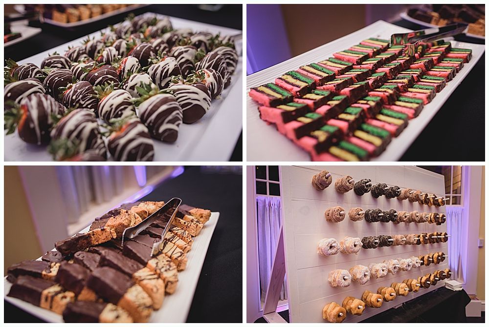 Dessert platters with chocolate-covered strawberries, rainbow cookies, pastries, and donuts on a wall.