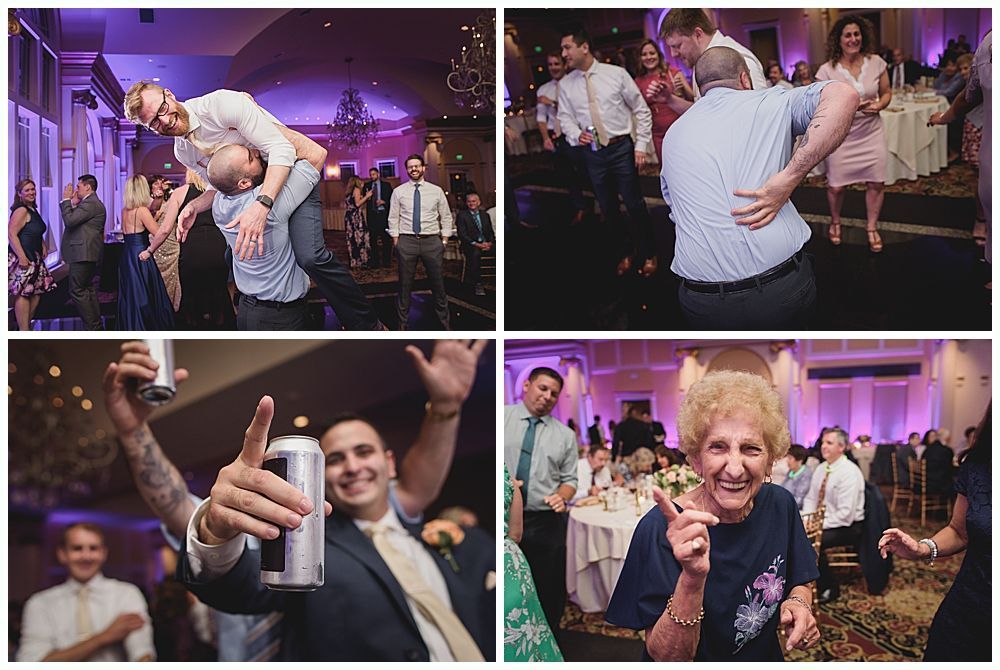 Four photos: guests dancing, embracing, and holding beverages at a wedding reception.