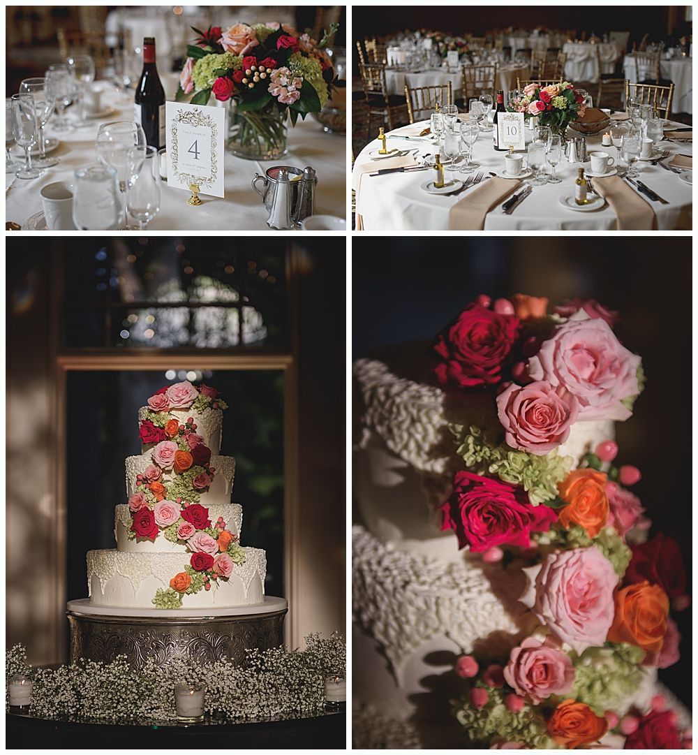 Wedding reception details: tables with floral centerpieces, tiered cake with flowers.
