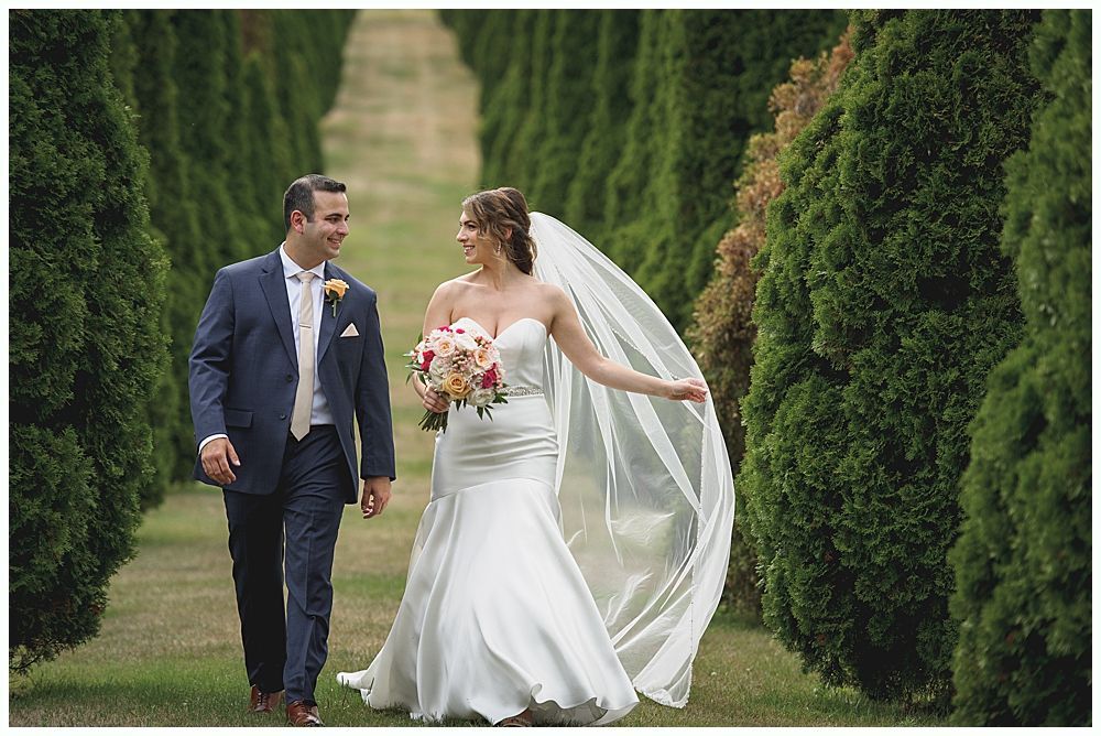 Bride and groom walk hand-in-hand between rows of green trees, smiling.