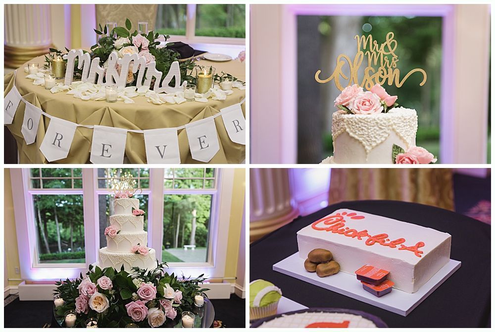 Four wedding-related photos: decorated table, cake topper on cake, tiered cake, and a cake decorated like a fast food item.