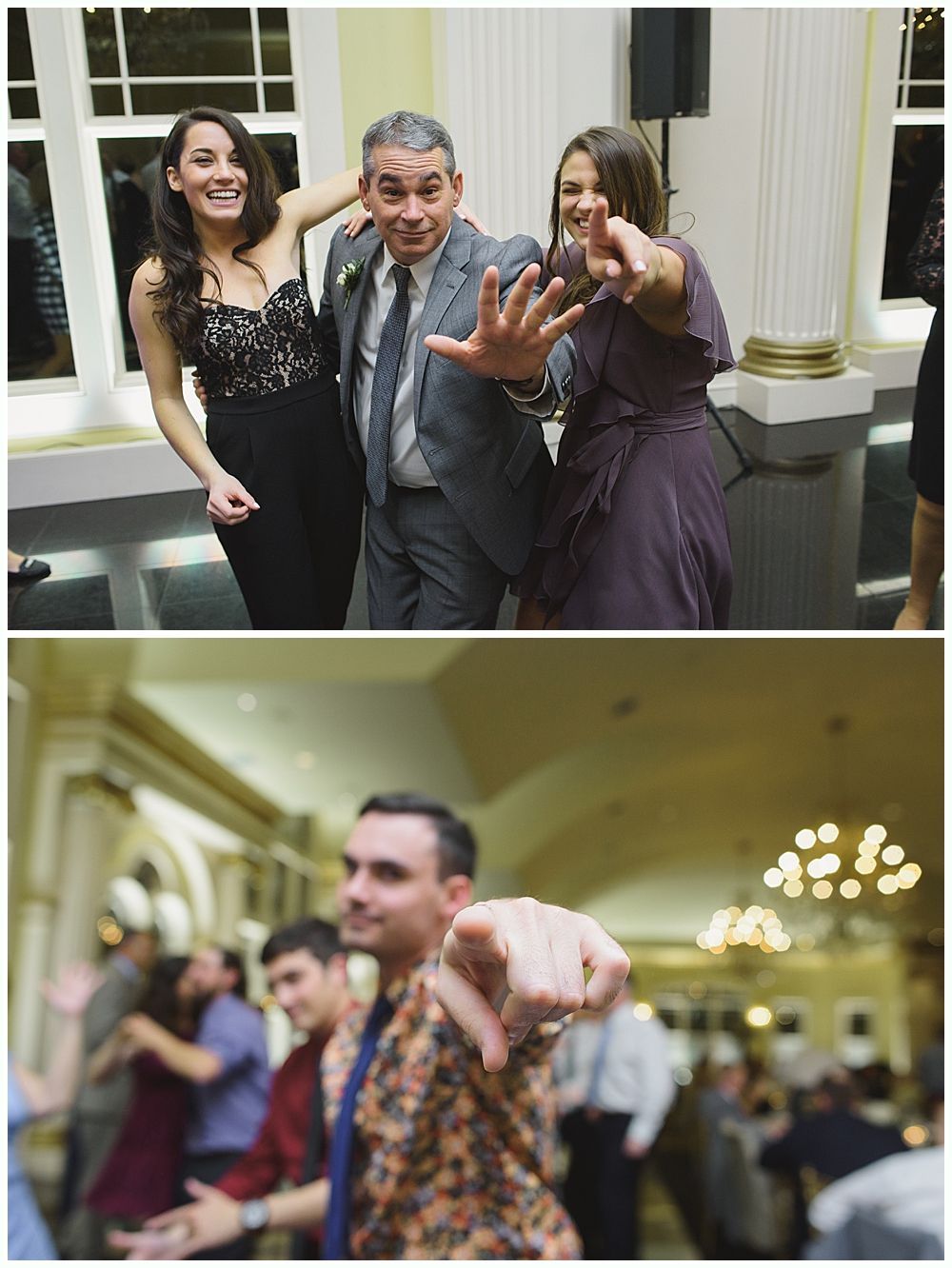 People dancing at an event. A man and two women pose. Another man points at the camera with dancers blurred behind him.