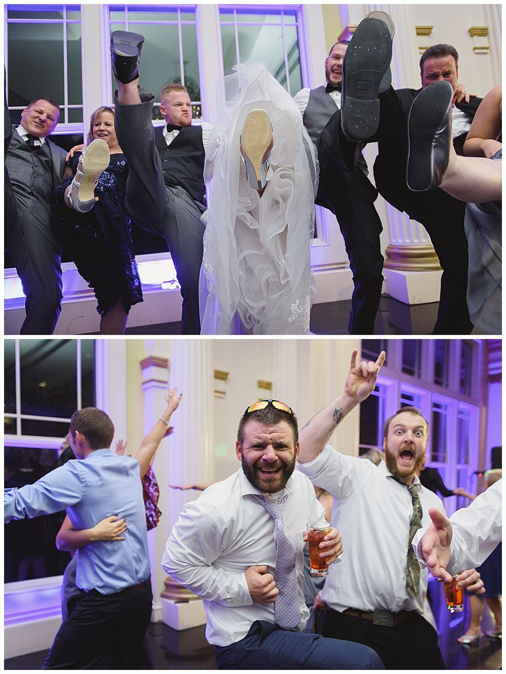 Wedding party celebrating, raising shoes and fists. Bride veiled. Venue with windows.