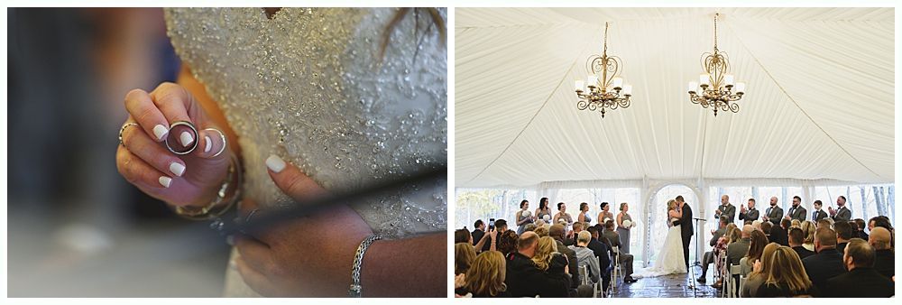 Wedding ceremony: Close-up of rings held up, and ceremony in a tent with chandeliers.