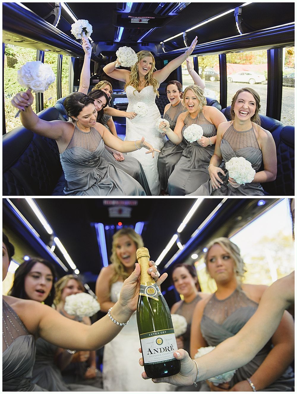 Bride and bridesmaids in a limo, celebrating. Women in gray dresses, excited, holding bouquets and champagne.