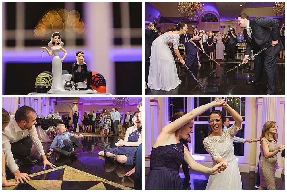 Wedding celebration: Cake topper, dancing, floor game, bride and guests.