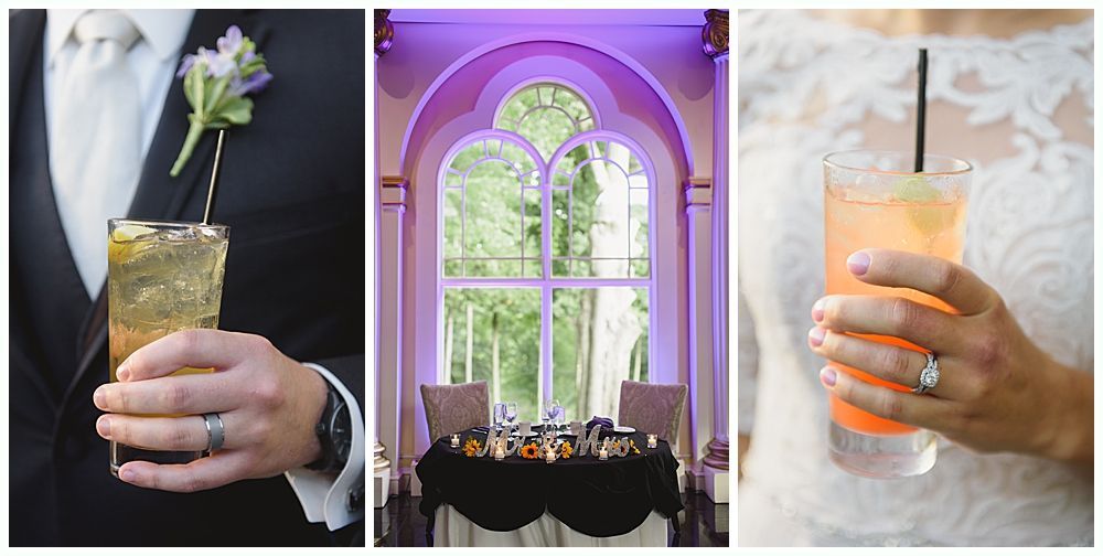 Triptych: Wedding details. Man holding cocktail, a window, bride holding cocktail.
