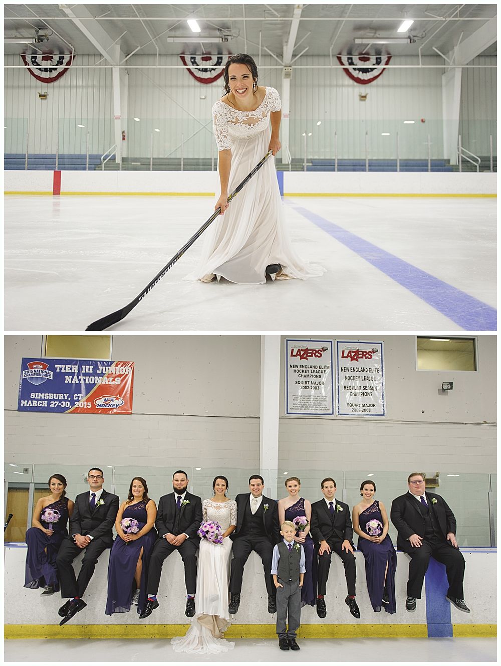 Woman in wedding dress on ice rink with hockey stick; wedding party seated.