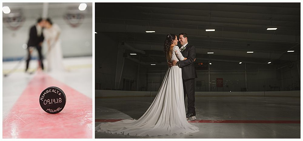 Bride and groom embrace on an ice rink. A hockey puck with a date is in the foreground.